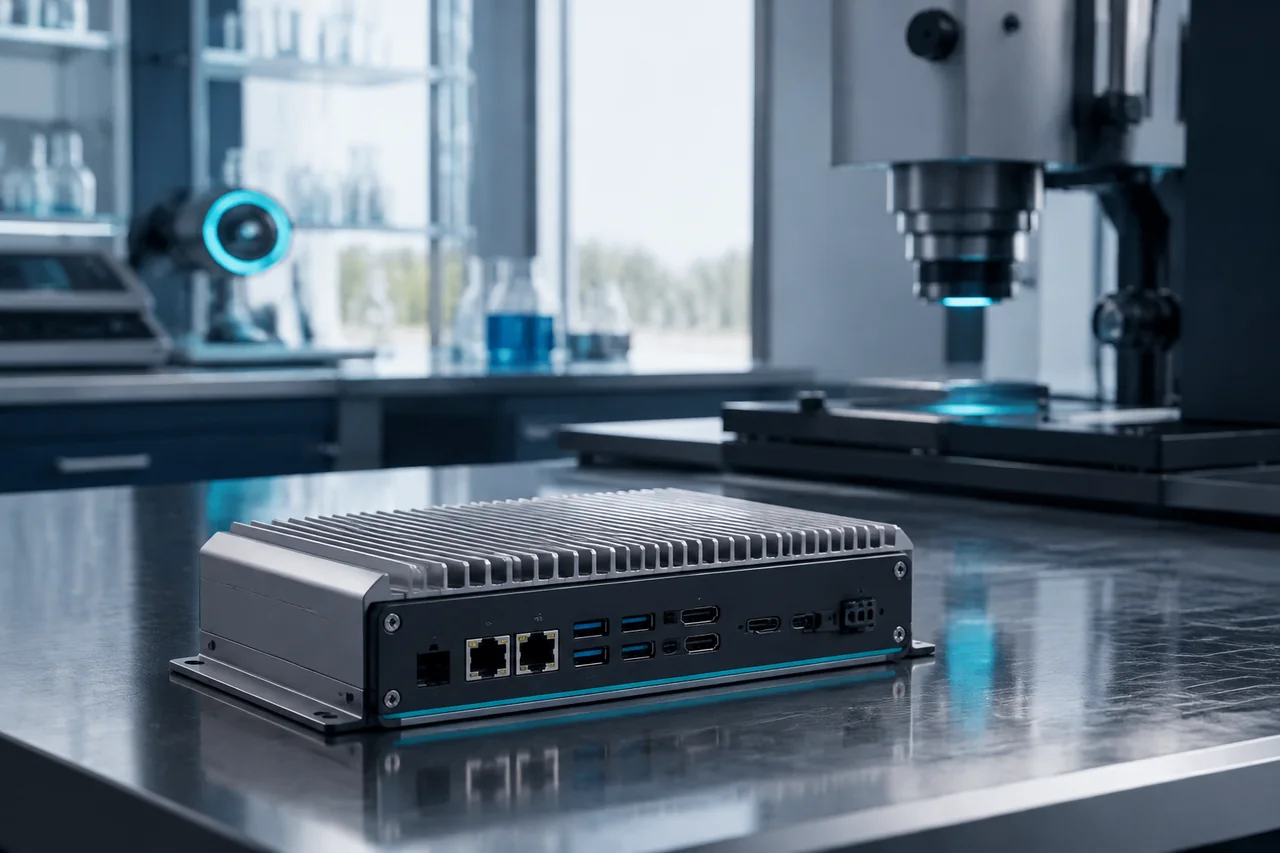 Concept edge-compute module beside optical inspection equipment on a laboratory bench