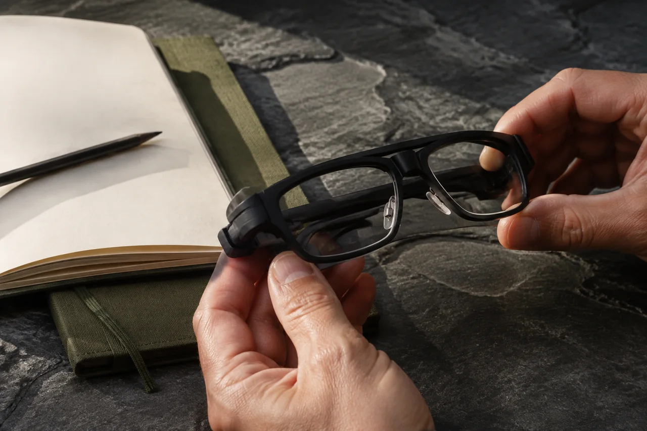 Concept illustration of hands inspecting unbranded smart glasses beside a field notebook