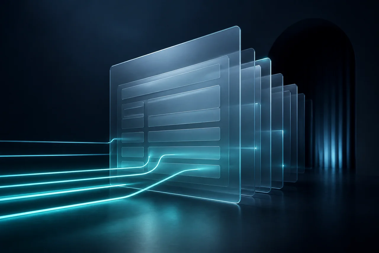 Concept illustration of glass document layers connected by cyan evidence paths