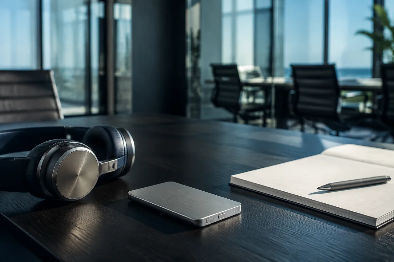 Concept meeting workspace with an unbranded recorder, headphones and notebook