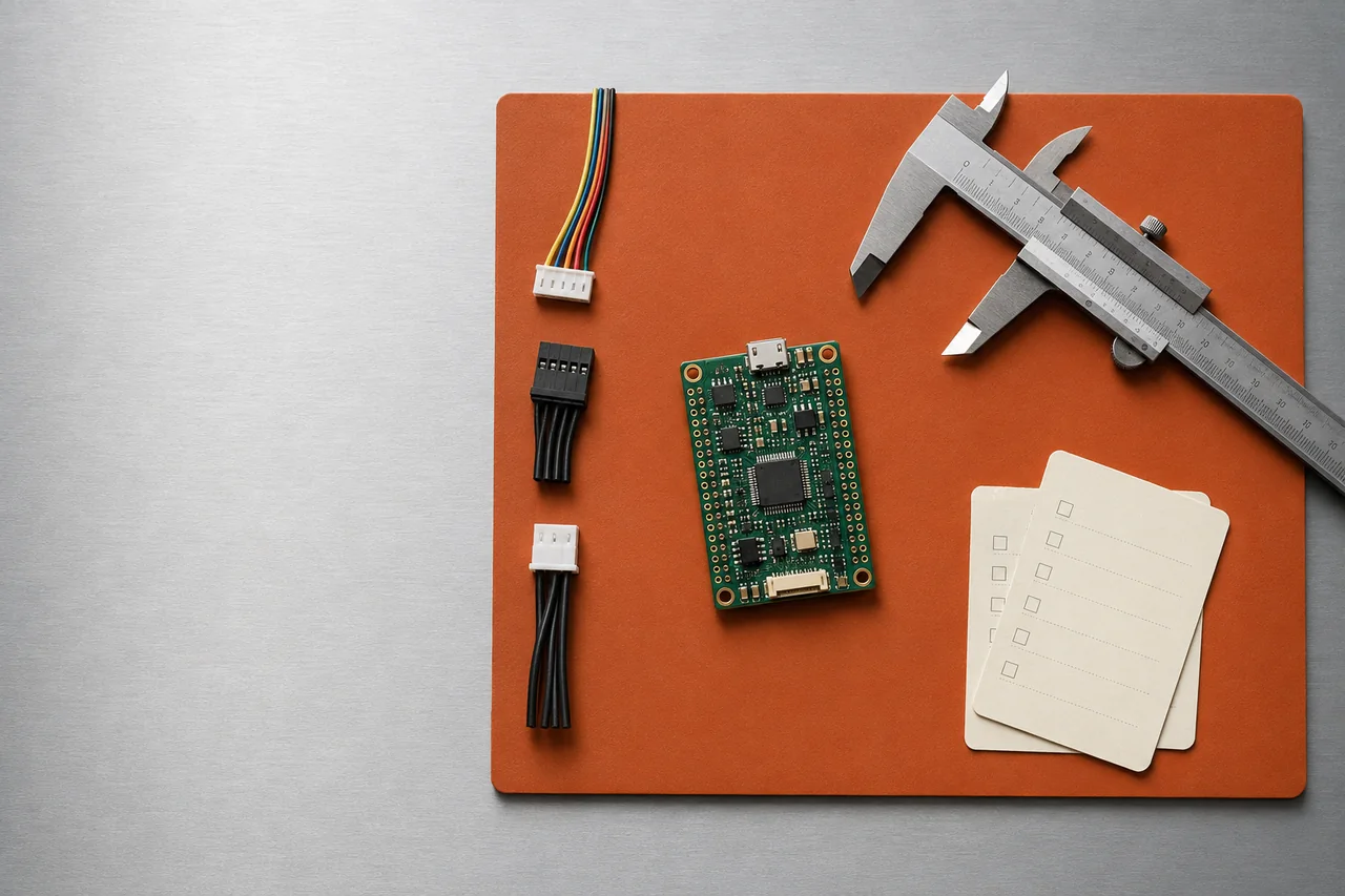 Concept overhead view of a prototype bench with a circuit board, connectors and a caliper