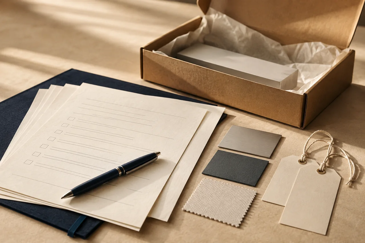 Concept procurement desk with a sample box, requirements sheets and material samples